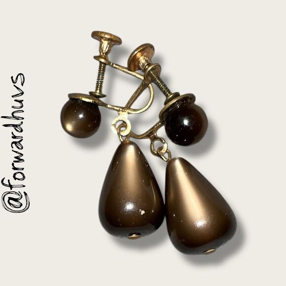 Vintage Screw-Back Earrings – Glossy Brown Teardrop and Round Beads - Picture 8 of 10